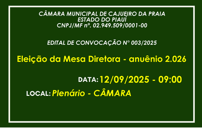 Câmara publica Edital de Convocação para renovação da Mesa Diretora anuênio 2026